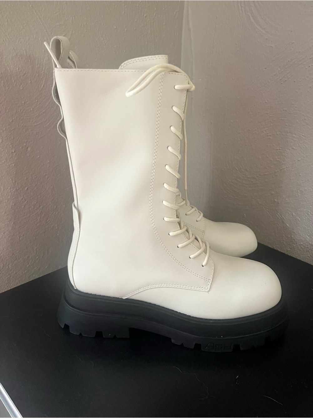 Ash White Lace-Up Combat Boots with Black Lug Sole